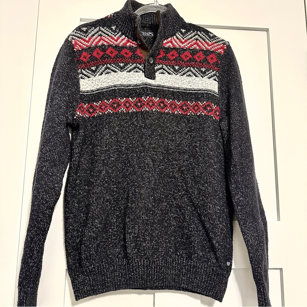 Chaps Men's Charcoal 1/4-Button Mock Neck Fair Isle Sweater • Small